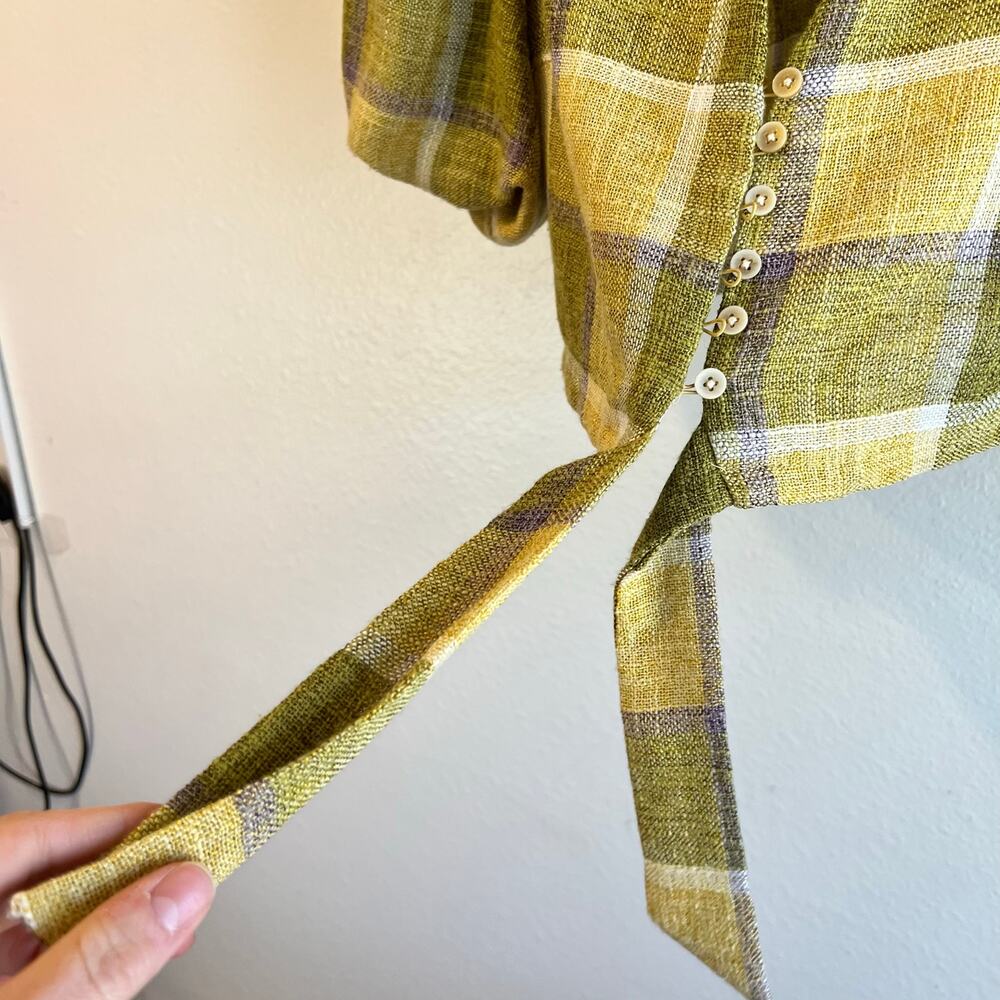LA'VEN Los Angeles Green Plaid Button Tie Puffed Sleeve Crop Top Size Small - Picture 3 of 11